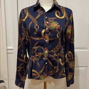 Lauren Ralph Lauren Navy Blue Equestrian Print Peplum Hem Button Up Size 12P